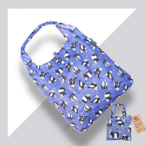 Zsebre hajtható bevásárló táska pandamackó kék